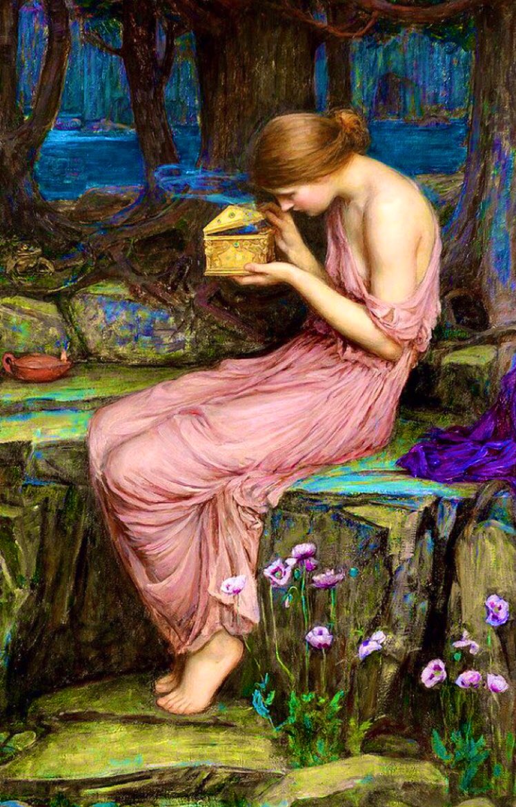 A sensitive portrayal of an exhausted but hopeful Psyche, opening the box of Persephone’s beauty she has just brought from the Underworld. The soft blue mist rising from the box is about to put her into an infernal sleep, 
from which only Cupid can rescue her. 
#MythologyMonday