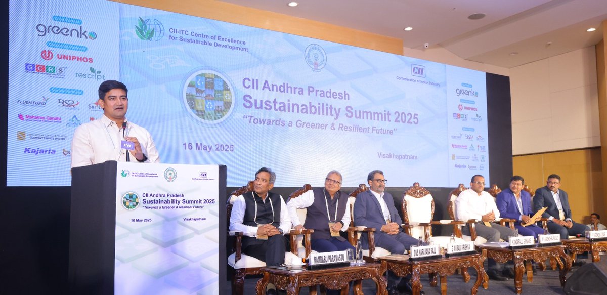 CII4SR's tweet photo. CII Andhra Pradesh organized the 𝐂𝐈𝐈 𝐀𝐏 𝐒𝐮𝐬𝐭𝐚𝐢𝐧𝐚𝐛𝐢𝐥𝐢𝐭𝐲 𝐒𝐮𝐦𝐦𝐢𝐭 2025 on 16 May 2025 in Visakhapatnam, centered around the theme: “𝘛𝘰𝘸𝘢𝘳𝘥𝘴 𝘢 𝘎𝘳𝘦𝘦𝘯𝘦𝘳 & 𝘙𝘦𝘴𝘪𝘭𝘪𝘦𝘯𝘵 𝘍𝘶𝘵𝘶𝘳𝘦.” The summit brought together eminent voices from government, industry, and the sustainability sector, highlighting Andhra Pradesh’s growing leadership in green growth and sustainable innovation.

𝐌𝐫 @SKondapalliOffl, Hon’ble Minister for MSME, SERP, and NRI Empowerment, Government of Andhra Pradesh, reaffirmed the state's commitment to clean energy, circular economy, and eco-conscious MSME development. He announced targeted schemes to promote green tech adoption, low-interest funding, ESG alignment, and sustainable exports.

𝐌𝐫 𝐌 𝐍 𝐇𝐚𝐫𝐞𝐧𝐝𝐡𝐢𝐫𝐚 𝐏𝐫𝐚𝐬𝐚𝐝, IAS, Collector & District Magistrate, Visakhapatnam, emphasized district-level efforts in renewable energy, waste management, and industrial sustainability—positioning Vizag as a model for green industrialization.

𝐃𝐫 @rambabu55, Chief Sustainability Officer, @GreenkoIndia, showcased India’s largest renewable energy storage project in Kurnool and highlighted Andhra Pradesh’s potential in green hydrogen and clean-tech innovation. Greenko also announced an Innovation Hub for clean-tech startups.

𝐌𝐫 𝐌𝐮𝐫𝐚𝐥𝐢 𝐊𝐫𝐢𝐬𝐡𝐧𝐚 𝐆𝐚𝐧𝐧𝐚𝐦𝐚𝐧𝐢, Chairman, CII Andhra Pradesh, underlined the state’s strengths in renewable energy, sustainable agriculture, and coastal resilience. He stressed the importance of circular economy, regenerative agriculture, and the Swarna Andhra Vision 2047.

𝐌𝐫 @DvsnrDvs, Chairman, CII Visakhapatnam, focused on empowering MSMEs to drive sustainability and industrial resilience through innovation and circular practices.

@fluentgrid @FollowCII @CIIEvents @CII4SR

#Sustainability #GreenGrowth #CIIAndhraPradesh #ESG #CleanTech #MSMEs #CircularEconomy #Innovation #GreenEnergy #Vision2047