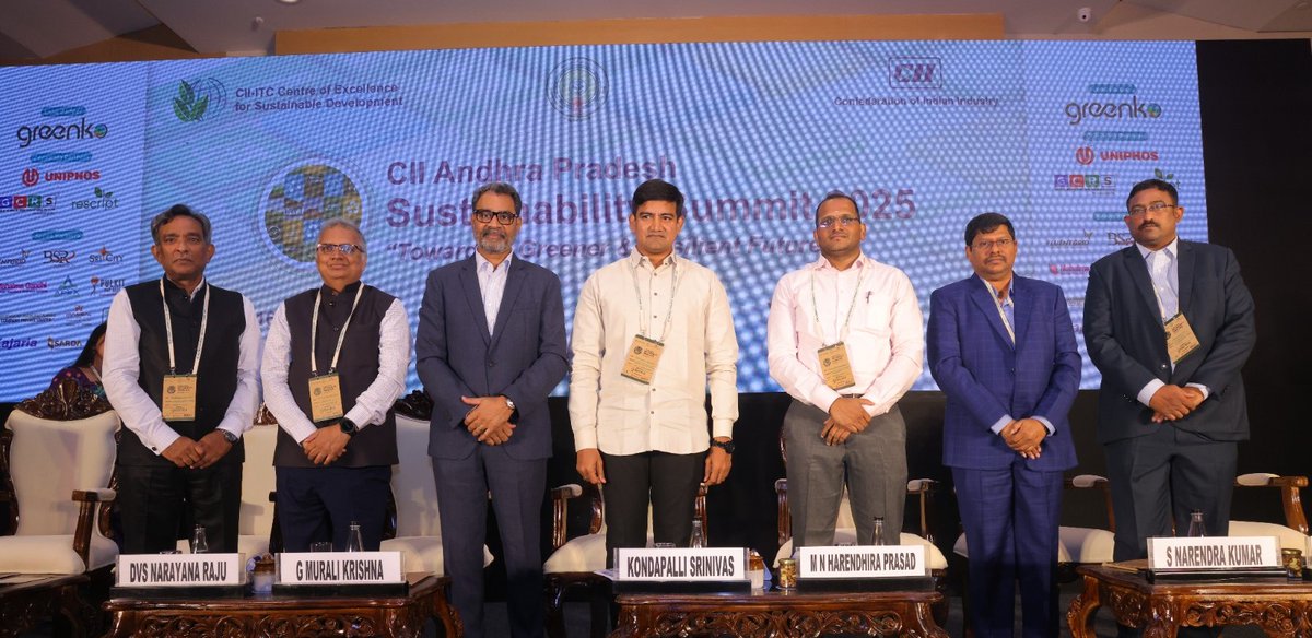 CII4SR's tweet photo. CII Andhra Pradesh organized the 𝐂𝐈𝐈 𝐀𝐏 𝐒𝐮𝐬𝐭𝐚𝐢𝐧𝐚𝐛𝐢𝐥𝐢𝐭𝐲 𝐒𝐮𝐦𝐦𝐢𝐭 2025 on 16 May 2025 in Visakhapatnam, centered around the theme: “𝘛𝘰𝘸𝘢𝘳𝘥𝘴 𝘢 𝘎𝘳𝘦𝘦𝘯𝘦𝘳 & 𝘙𝘦𝘴𝘪𝘭𝘪𝘦𝘯𝘵 𝘍𝘶𝘵𝘶𝘳𝘦.” The summit brought together eminent voices from government, industry, and the sustainability sector, highlighting Andhra Pradesh’s growing leadership in green growth and sustainable innovation.

𝐌𝐫 @SKondapalliOffl, Hon’ble Minister for MSME, SERP, and NRI Empowerment, Government of Andhra Pradesh, reaffirmed the state's commitment to clean energy, circular economy, and eco-conscious MSME development. He announced targeted schemes to promote green tech adoption, low-interest funding, ESG alignment, and sustainable exports.

𝐌𝐫 𝐌 𝐍 𝐇𝐚𝐫𝐞𝐧𝐝𝐡𝐢𝐫𝐚 𝐏𝐫𝐚𝐬𝐚𝐝, IAS, Collector & District Magistrate, Visakhapatnam, emphasized district-level efforts in renewable energy, waste management, and industrial sustainability—positioning Vizag as a model for green industrialization.

𝐃𝐫 @rambabu55, Chief Sustainability Officer, @GreenkoIndia, showcased India’s largest renewable energy storage project in Kurnool and highlighted Andhra Pradesh’s potential in green hydrogen and clean-tech innovation. Greenko also announced an Innovation Hub for clean-tech startups.

𝐌𝐫 𝐌𝐮𝐫𝐚𝐥𝐢 𝐊𝐫𝐢𝐬𝐡𝐧𝐚 𝐆𝐚𝐧𝐧𝐚𝐦𝐚𝐧𝐢, Chairman, CII Andhra Pradesh, underlined the state’s strengths in renewable energy, sustainable agriculture, and coastal resilience. He stressed the importance of circular economy, regenerative agriculture, and the Swarna Andhra Vision 2047.

𝐌𝐫 @DvsnrDvs, Chairman, CII Visakhapatnam, focused on empowering MSMEs to drive sustainability and industrial resilience through innovation and circular practices.

@fluentgrid @FollowCII @CIIEvents @CII4SR

#Sustainability #GreenGrowth #CIIAndhraPradesh #ESG #CleanTech #MSMEs #CircularEconomy #Innovation #GreenEnergy #Vision2047