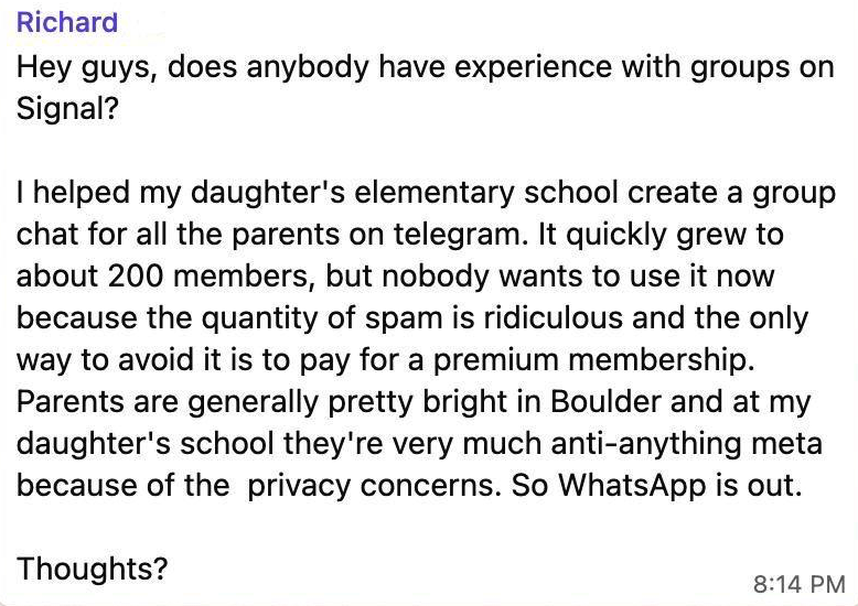 gunhudson's tweet photo. @telegram this is your biggest obstable to drawing users from whatsapp: spam messages

💡simple solution would be to make your fantastic privacy settings free for all users, not only paid users. 

⁉️how can I get this message to someone who will listen &amp; act? https://t.co/dG3lclzvMH