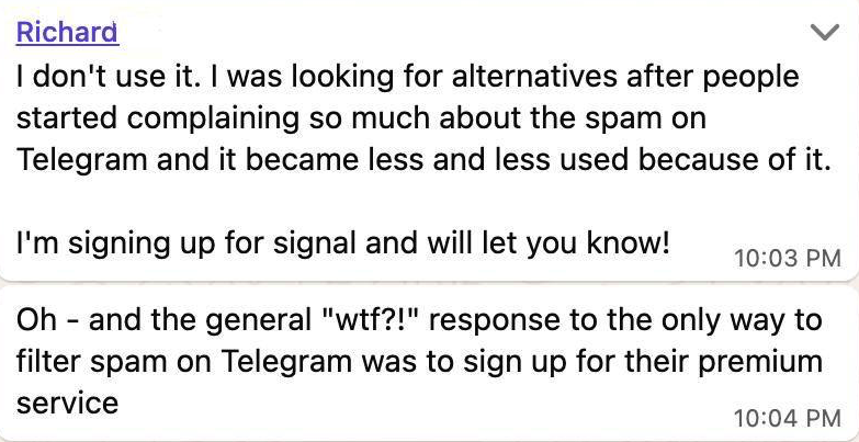 gunhudson's tweet photo. @telegram this is your biggest obstable to drawing users from whatsapp: spam messages

💡simple solution would be to make your fantastic privacy settings free for all users, not only paid users. 

⁉️how can I get this message to someone who will listen &amp; act? https://t.co/dG3lclzvMH