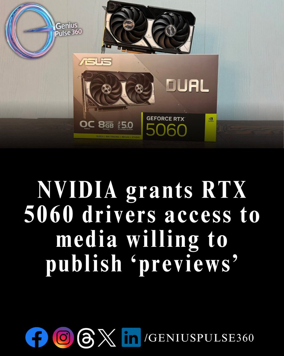 geniuspulse360's tweet image. NVIDIA's RTX 5060 launches at $299, but no independent reviews are available yet, as the company withheld pre-release drivers.
#NVIDIA #RTX5060 #GPULaunch #DLSS4 #PCGaming #TechNews #Computex2025
