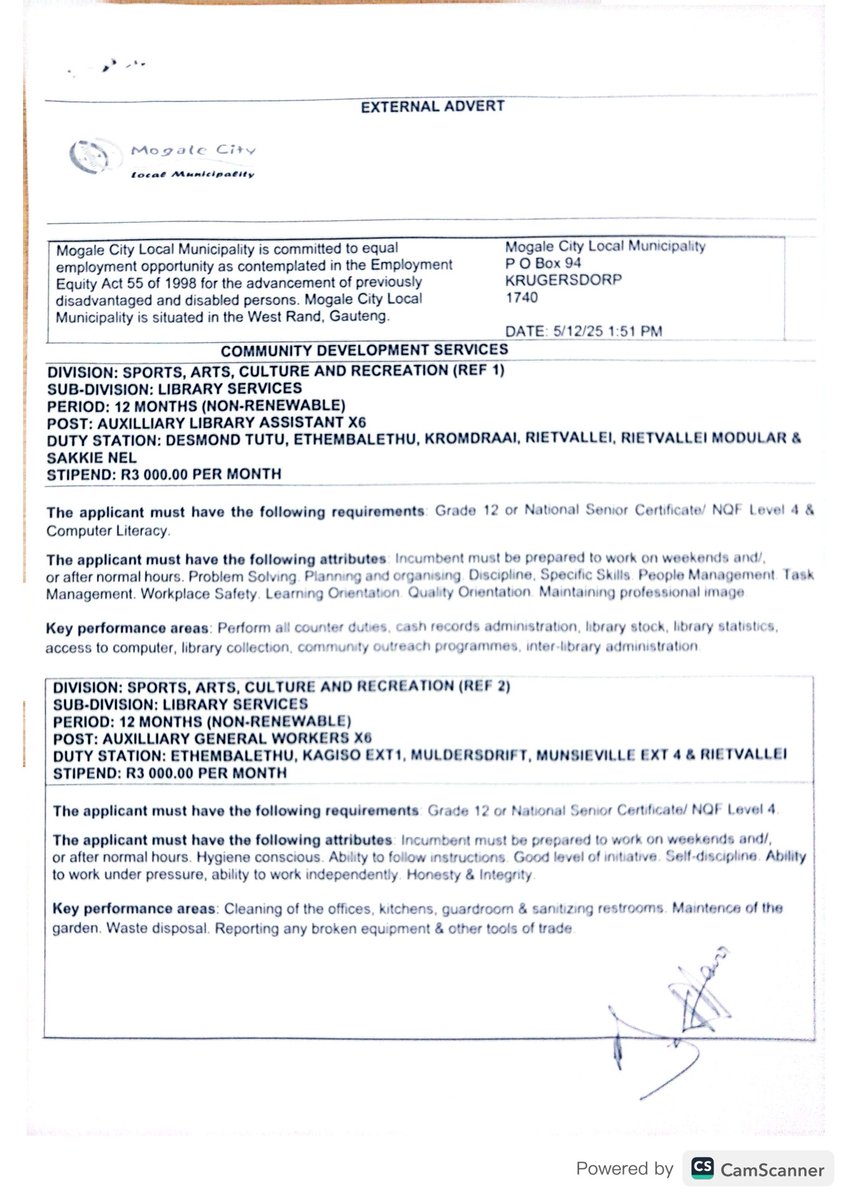 RMakukuli's tweet photo. Mogale City Local Municipality

✅️ Auxiliary Library Assistant x6 posts
✅ Auxiliary General Workers x6 posts
✅ Groundsman x1

Closing Date 23 May 2025 https://t.co/fW24OofjWk
