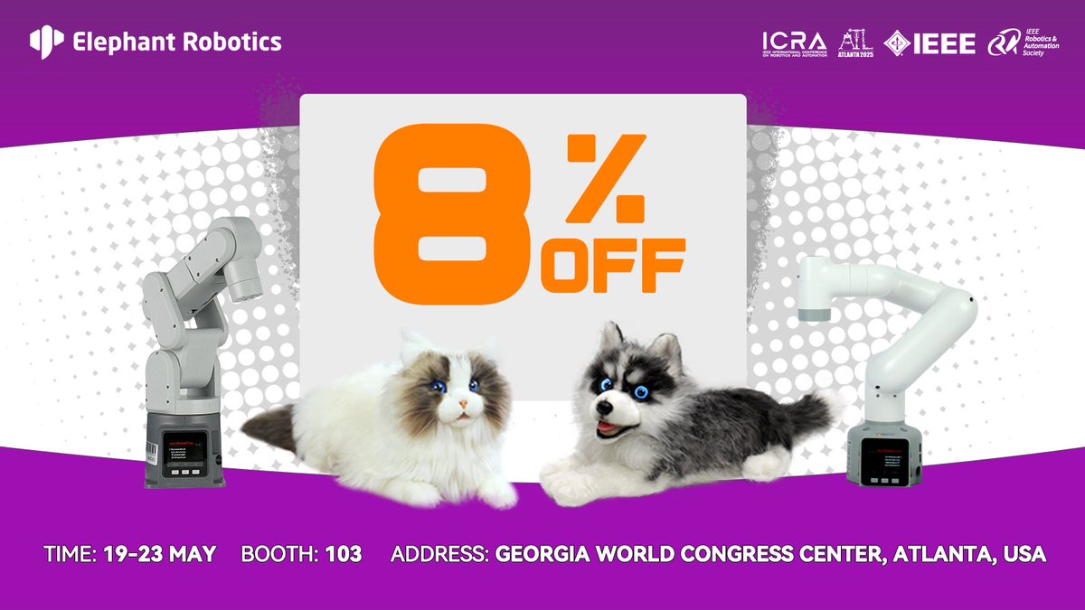 CobotMy's tweet photo. 🌟Excited for @IEEEorg #ICRA? Join us at #booth103 in #Atlanta from May 19-23 to explore innovative #robotics!
📢Don't miss out on our exclusive 8% OFF discount available during the exhibition! 
🛒Official online store👉https://t.co/rri0G2O8J4
🛒Amazon👉https://t.co/mb1Fglx8RB https://t.co/L1SgeZHLQw