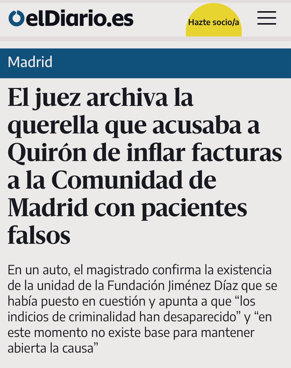 Vaya, vaya: un juez ARCHIVA la QUERELLA contra Quirón por INFLAR FACTURAS a la CAM con pacientes falsos

Admite que existía la unidad, pero dice que “los indicios de criminalidad han desaparecido”

No hay como tener a jueces en nómina, como los que aceptan querellas basadas en