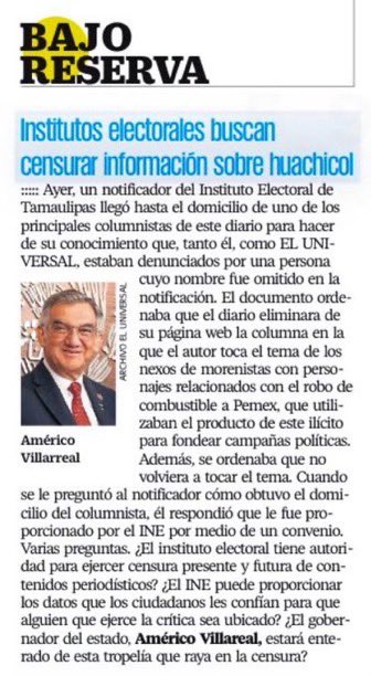 Por si no la han visto..  👇🏻 se puede leer la columna que escribió recientemente <a href="/hdemauleon/">Héctor de Mauleón</a> sobre enredos sucios del gobierno, el huachicol fiscal del gobernador Américo Villarreal,  la cual el INE de Tamaulipas, arbitraria, autoritariamente y violando la libertad de expresión,