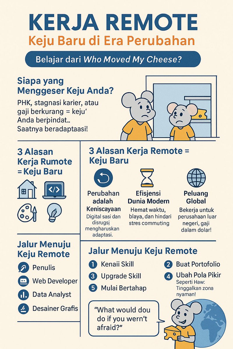 “Kerja Remote, Keju Baru di Era Perubahan”, Jawaban dari filosofi buku Who Moved My Cheese karya Dr. Spencer Johnson ?

linkedin.com/posts/winarto-…