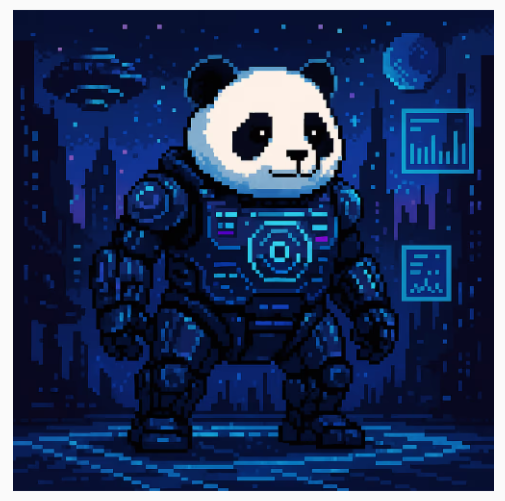JShomaqsudov's tweet photo. This pixelated panda dons a futuristic mech suit, ruling a neon-lit cityscape under alien skies. A bold vision of tomorrow’s warrior, this NFT blends cute with cyber-punk grit. Secure this digital defender before it powers down! 🐼🤖
#NFTs #PixelPanda #CryptoArt #NFTCommunity https://t.co/IOS83LtEyp