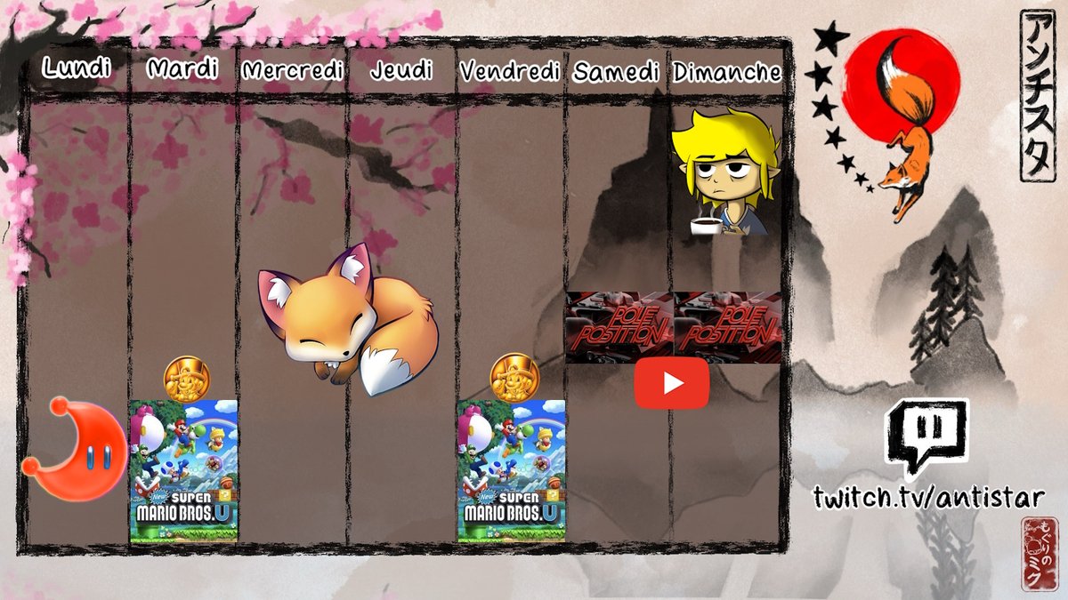 ⚠️ PLANNING :

🌙 Lundi 20h : nocturne
🍄 Mardi 20h : Mariothon (New Super Mario Bros. U, 3ème partie)
😴 Mercredi/jeudi : off
🍄 Vendredi 20h : Mariothon (New Super Mario Bros. U, 4ème partie)
🏁 Samedi 14h : Pole Position
☕️ Dimanche 9h : matinale
🏁 Dimanche 14h : GP de Monaco