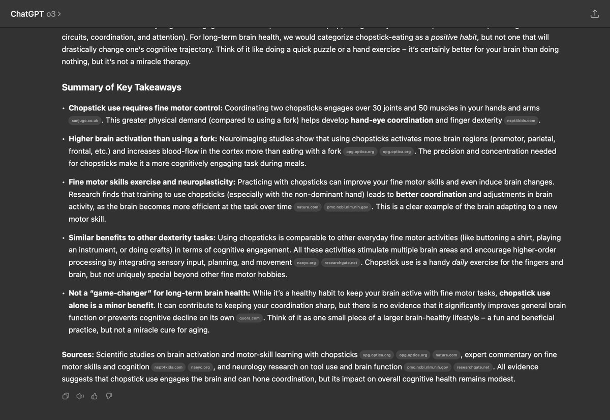 nocode_iroh's tweet image. Sometime I got random thoughts like : chopsticks seems to require more hand-eye coordination than forks, and hand-eye coordination is great to practice for brain health…
Should I switch to chopsticks 100% of the time ?
Thank god I can just dump deepresearch and forget about it