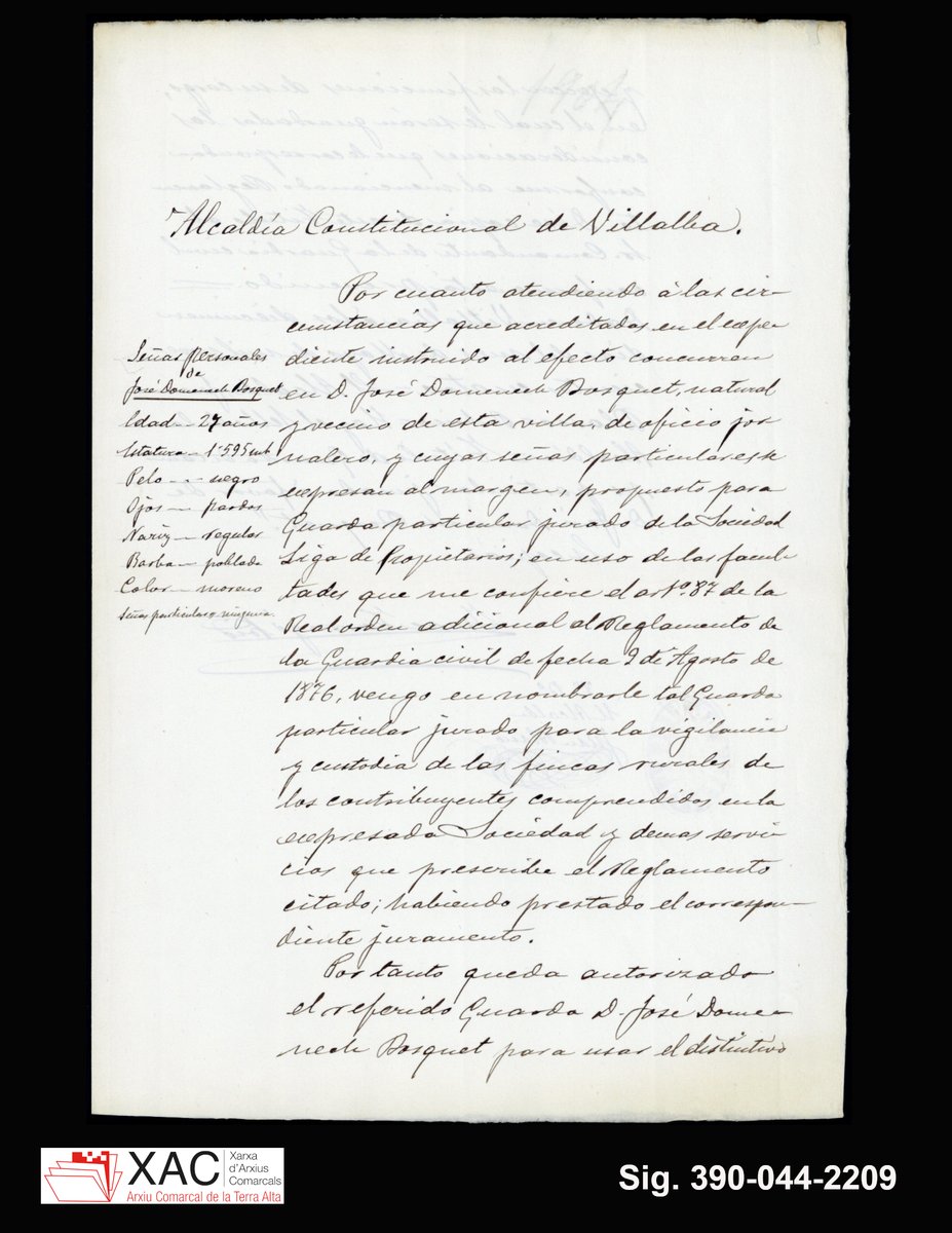 #TDCA El 19 de maig de 1904 l’Ajt. de Vilalba nomenava guarda particular jurat de la Societat Lliga de Propietaris al veí Josep Domènech Bosquet, per impedir robatoris o l’entrada de ramats a pasturar sense autorització a les finques dels seus socis. <a href="/patrimonigencat/">Patrimoni</a> #xac #arxiu