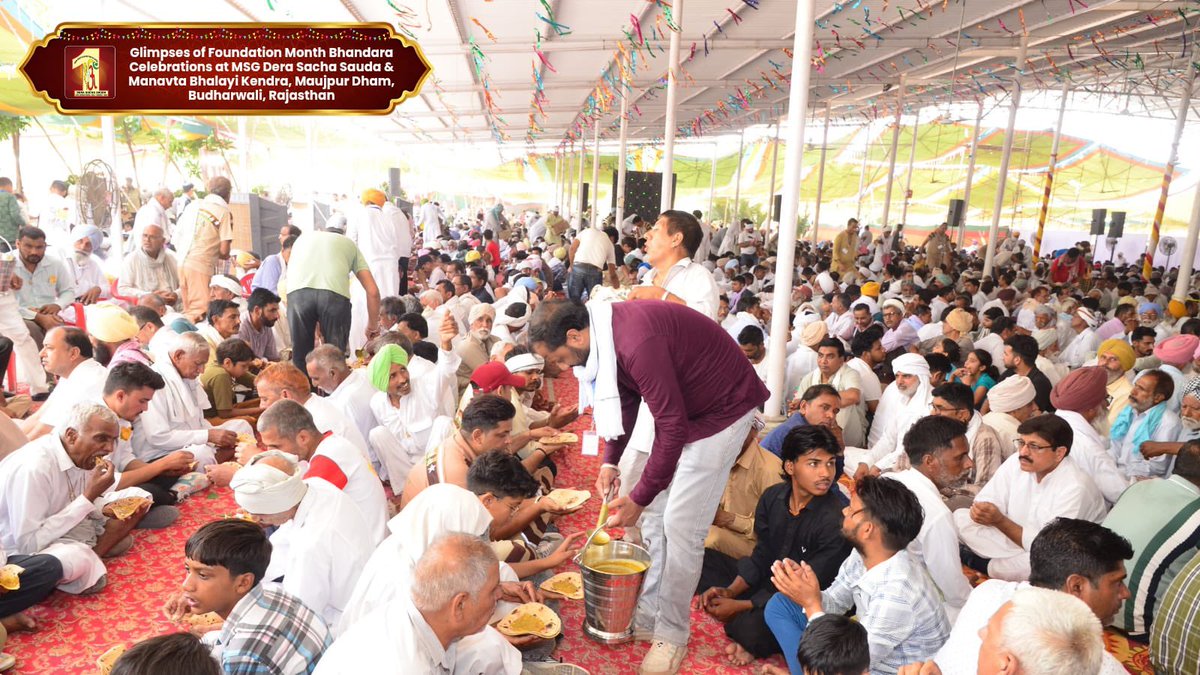 DSSNewsUpdates's tweet photo. A grand spiritual celebration was held at MSG Dera Sacha Sauda and Manavta Bhalayi Kendra, Maujpur Dham Budharwali, Rajasthan, on the occasion of Foundation Month Bhandara. Lakhs of devotees gathered with devotion in their hearts, creating an atmosphere filled with spiritual energy. The entire event was marked by heartfelt prayers, selfless service, and deep gratitude.
#FoundationMonth #SaintDrMSG #DeraSachaSauda
