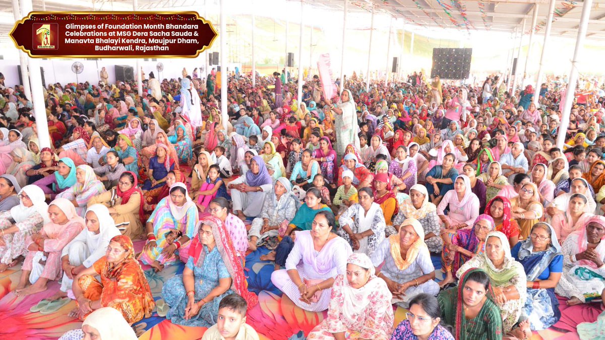DSSNewsUpdates's tweet photo. A grand spiritual celebration was held at MSG Dera Sacha Sauda and Manavta Bhalayi Kendra, Maujpur Dham Budharwali, Rajasthan, on the occasion of Foundation Month Bhandara. Lakhs of devotees gathered with devotion in their hearts, creating an atmosphere filled with spiritual energy. The entire event was marked by heartfelt prayers, selfless service, and deep gratitude.
#FoundationMonth #SaintDrMSG #DeraSachaSauda