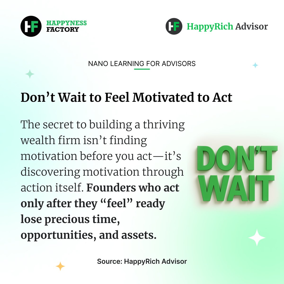 Waiting for motivation is a luxury wealth firms can’t afford. In this business, action isn’t just a strategy—it’s the spark that fuels everything else.

Read more: tinyurl.com/4euccxvp

#LeadershipMindset #WealthManagement #MotivationThroughAction #HappynessFactory