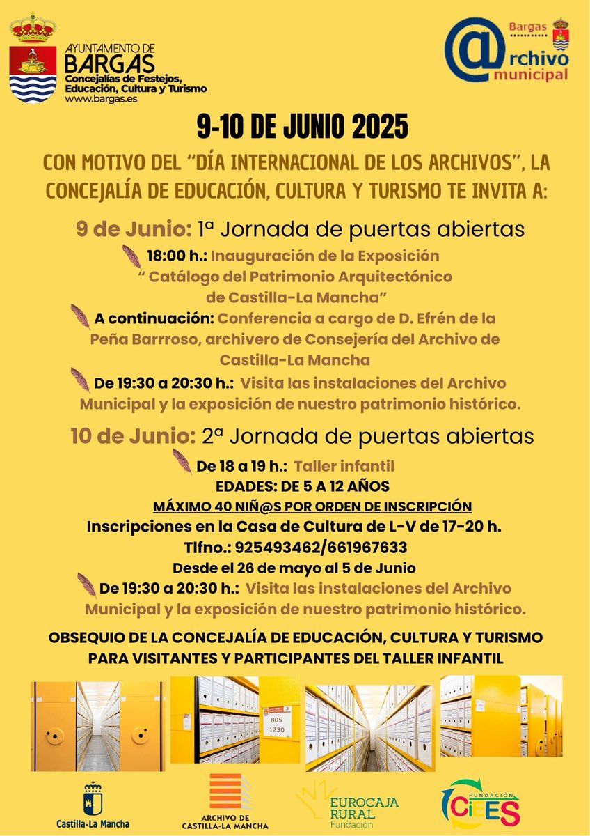 🪶El Archivo Municipal de Bargas celebra los próximos días 9 y 10 de junio el Dia Internacional de los Archivos con la organización  varias actividades culturales.