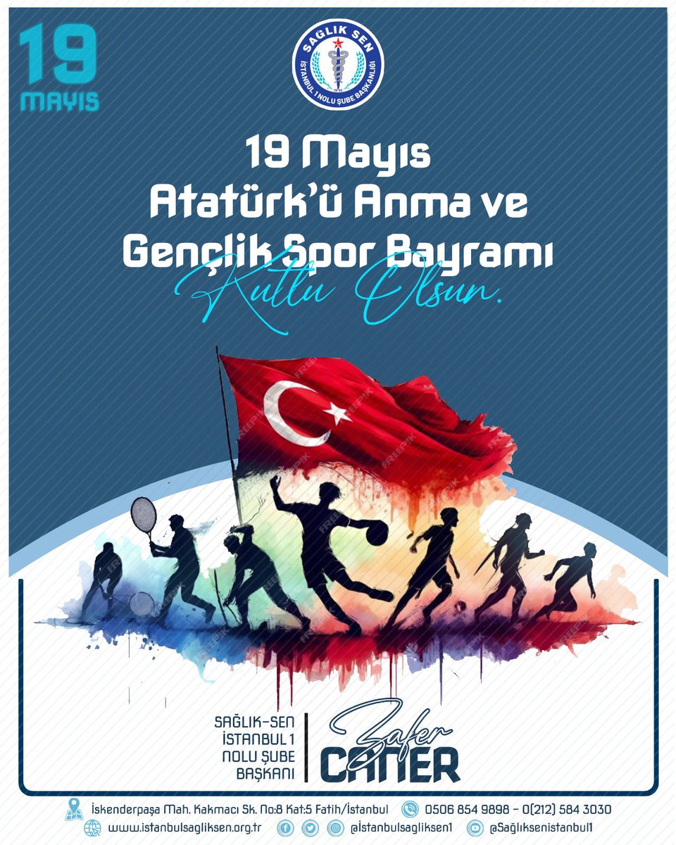 19 Mayıs Atatürk’ü Anma, Gençlik ve Spor Bayramı’nı kutluyor, başta Gazi Mustafa Kemal Atatürk olmak üzere istiklâl ve istikbal mücadelemizin bütün kahramanlarını saygıyla anıyorum. 🇹🇷

#19Mayıs