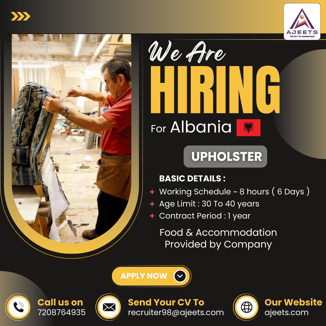 ajeetsholding's tweet image. 🪑 We're Hiring Upholsters for Albania 🇦🇱!

🛠️ 8 hrs/day, 6 days/week
🎯 Age: 30-40 yrs | 📅 1-Year Contract
🍽️ Food &amp;amp; 🏠 Accommodation by Company!

📩 recruiter98@ajeets.com | 📞 7208764935

#Upholster #JobsAbroad #AlbaniaJobs #Ajeetsconsultancy
