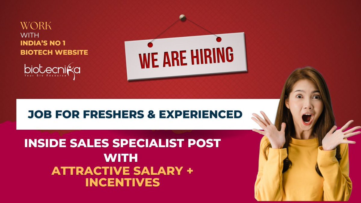 biotecnika's tweet image. 🚨 We’re Hiring – Sales Role

📍 Location: Bangalore

🎓 Who Can Apply?

Freshers ✅
Experienced Candidates ✅

📲 Apply Now: biotecnika.org/2025/03/sales-…

#BiotechJobs #LifeScienceJobs #BiotechSales #HiringNow #SalesJobBangalore #BiotechCareer #FreshersJob #Biotecnika