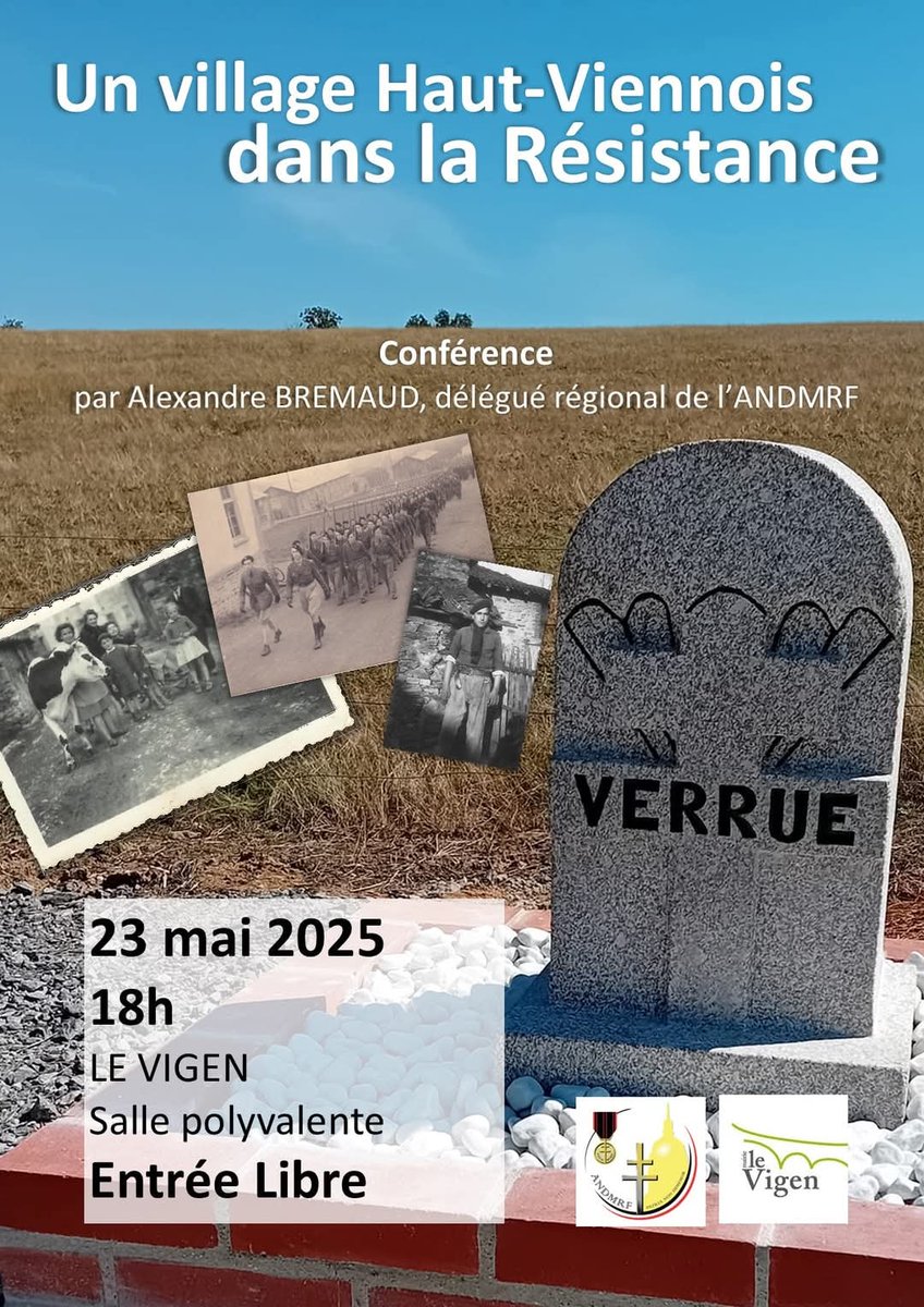 Conférence : 

Paisible petit hameau limousin, avec ses granges séculaires en pierre, desservi de chemins en terre... avec l'aide de ses habitants, il devient un centre de la Résistance.

 Alexandre BREMAUD, est délégué de l'ANDMR ( médaillés de la Résistance.)
Entrée libre