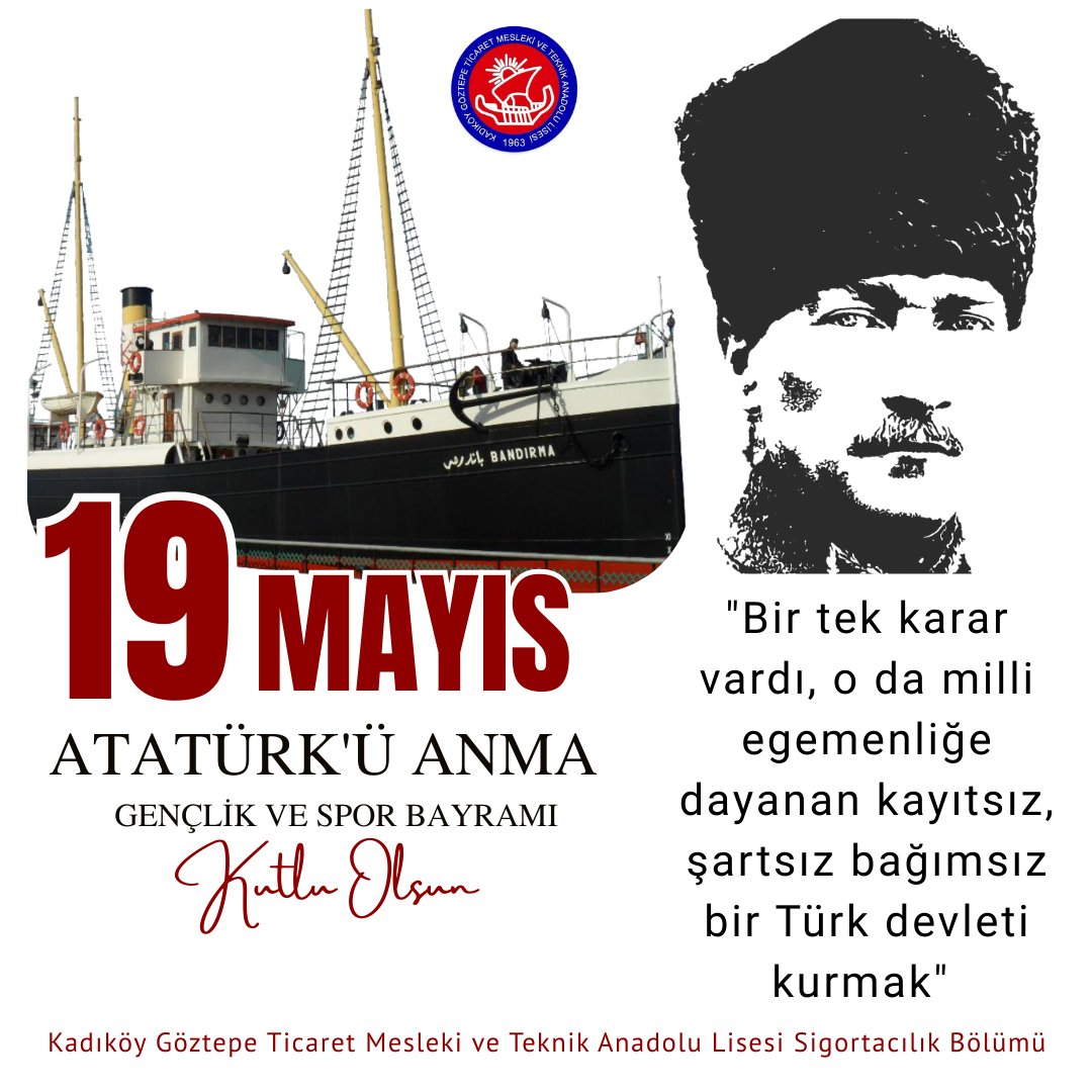 Büyük Önderimiz Gazi Mustafa Kemal Atatürk ve silah arkadaşları ile milli mücadelenin tüm kahramanlarını saygı, rahmet ve minnet ile anıyoruz.

19 Mayıs Atatürk'ü Anma, Gençlik ve Spor Bayramı kutlu olsun.

Türk Gençliği, ilelebet Cumhuriyetimizin teminatı olacaktır.
 #19Mayıs