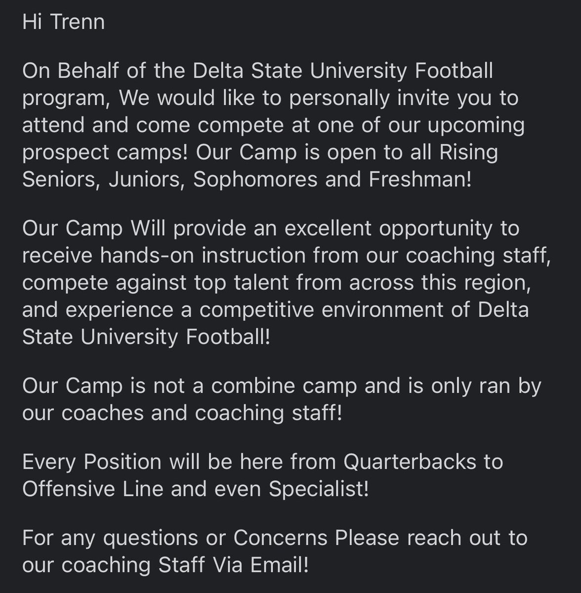 TrennB1875's tweet photo. Appreciate the love @DeltaStateFB !! #jryearupnext #exit206 https://t.co/HhzpWdYpeh