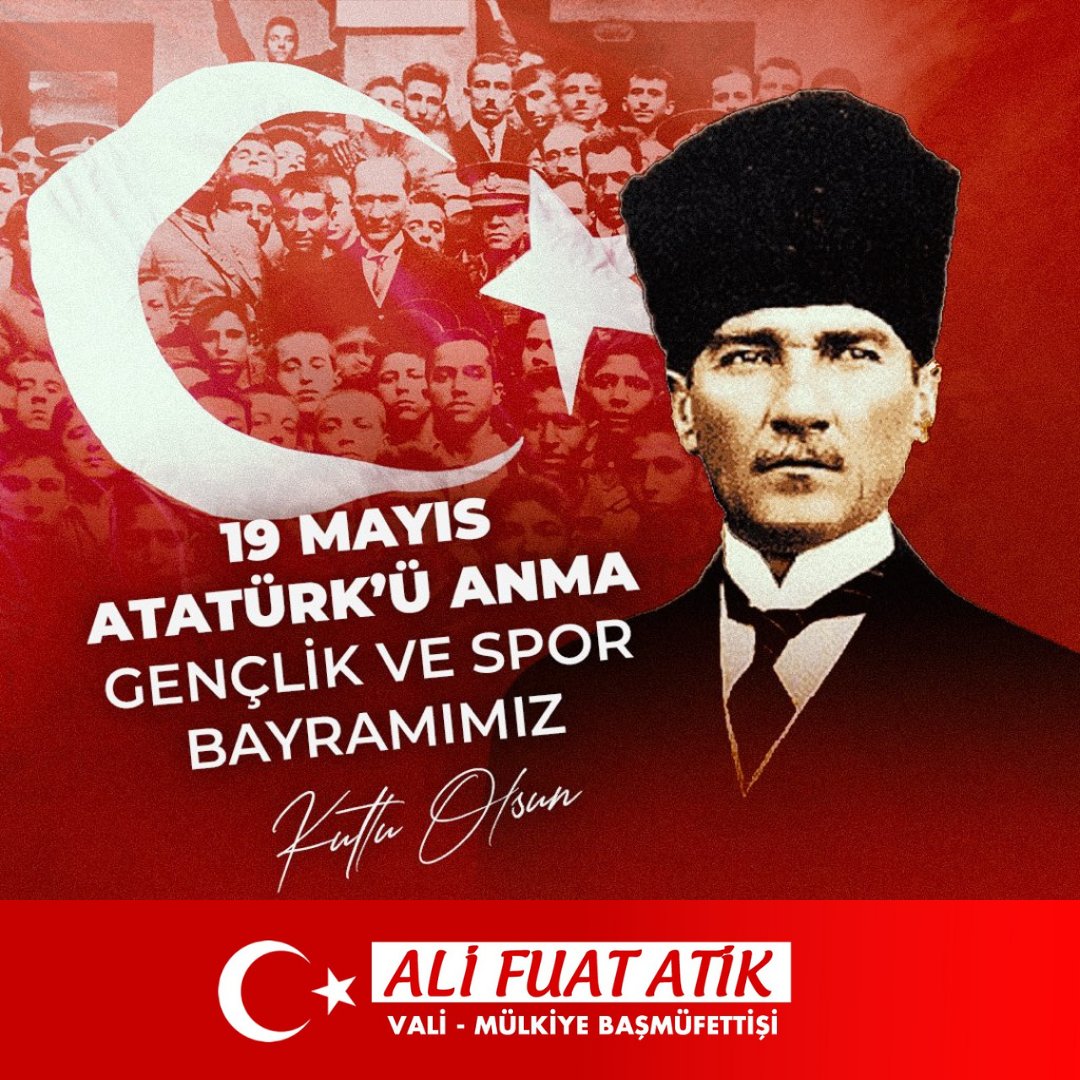 19 Mayıs Atatürk'ü Anma Gençlik ve Spor Bayramımız kutlu olsun! 
🇹🇷🇹🇷🇹🇷
Cumhuriyetimizin banisi Gazi Mustafa Kemal Atatürk'ü, istiklalimizin tüm isimsiz kahramanlarını, aziz şehitlerimizi ve kahraman gazilerimizi şükran, minnet ve rahmetle yâd ediyorum.
#19Mayıs