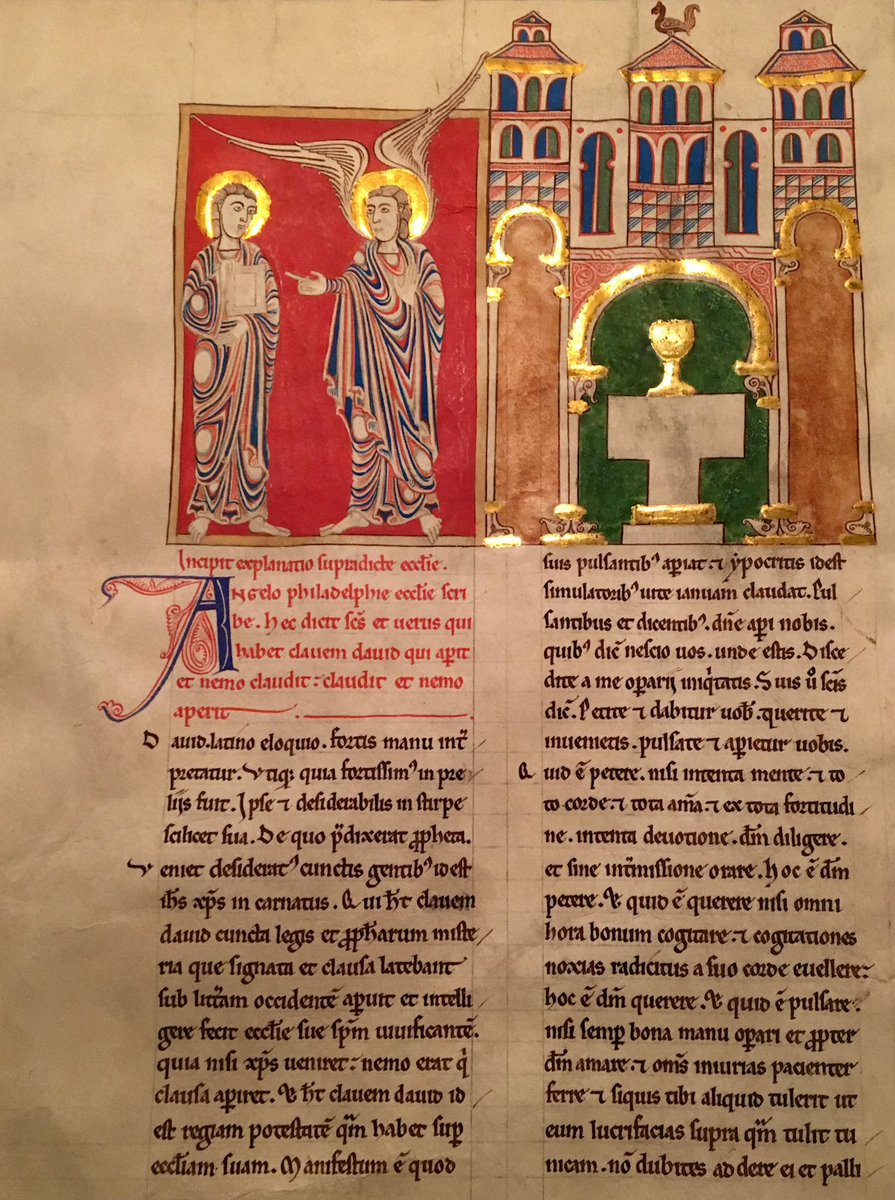 KPW1453's tweet photo. 12th century manuscript leaf depicting St. John and Philadelphia - one of the Seven Churches of Asia. Originally from the monastery of San Pedro de Cardena at Burgos in Spain, the manuscript is now part of the collections at the Met in New York. 📷 My own. #ManuscriptMonday https://t.co/KJf0S9SxLn