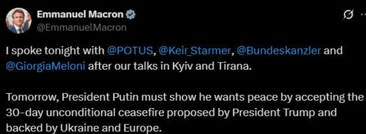 Macron a fait une déclaration magnifique hier : « Demain, le président Poutine doit montrer qu’il veut la paix en acceptant un cessez-le-feu inconditionnel de 30 jours. »

Je me demande s’il se souvient lui-même qu’il y a exactement une semaine, il a donné 24 heures à la Russie