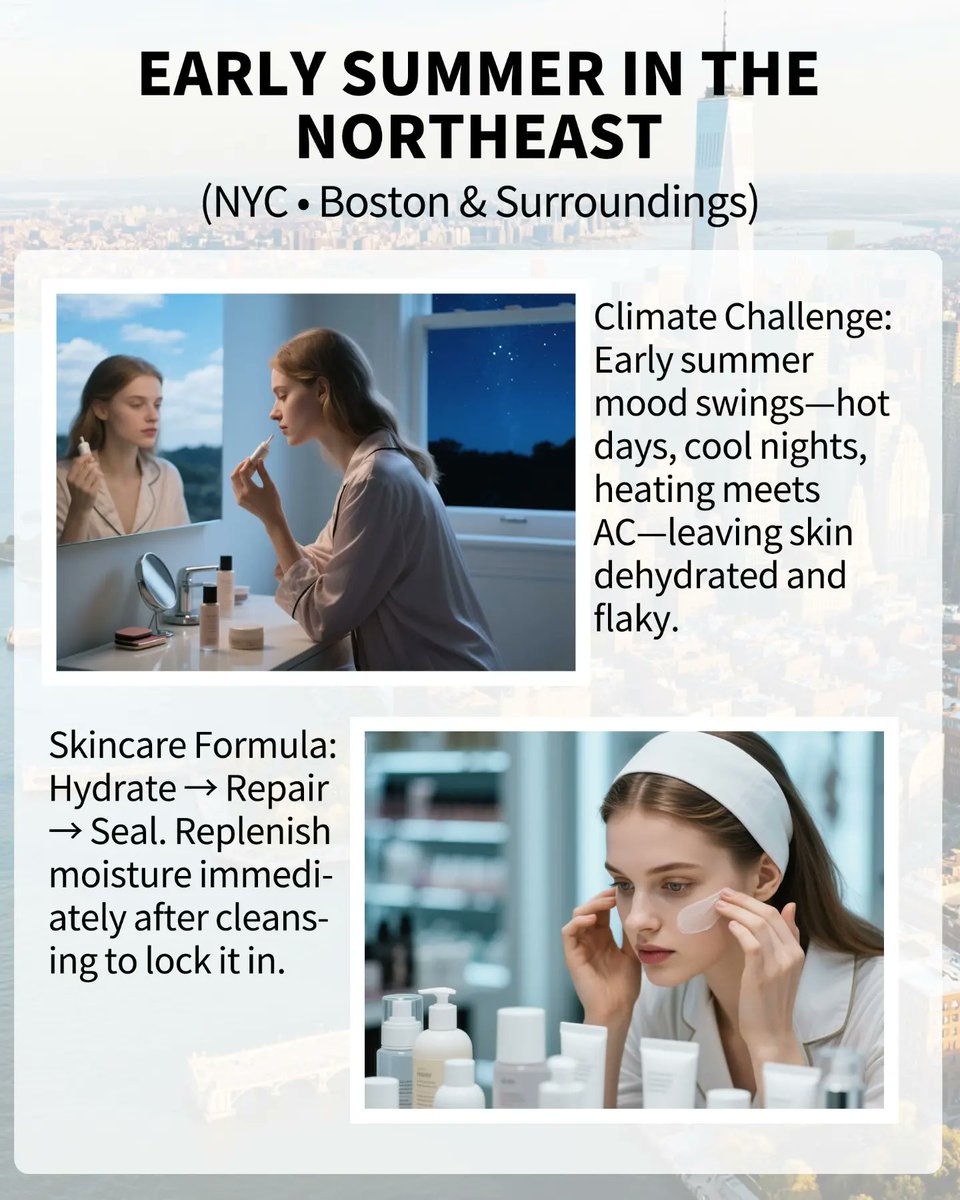 BacheriSkincare's tweet photo. 🇺🇸 U.S. Northeast (New York, Boston & Beyond) 🌬️☀️❄️
🌪️ Climate Challenge:
Early summer brings unpredictable chills and heat—big day-to-night swings plus indoor heating and air conditioning can leave your skin parched and peeling.
#HydrationRoutine #HyaluronicAcid https://t.co/SindycZIYb