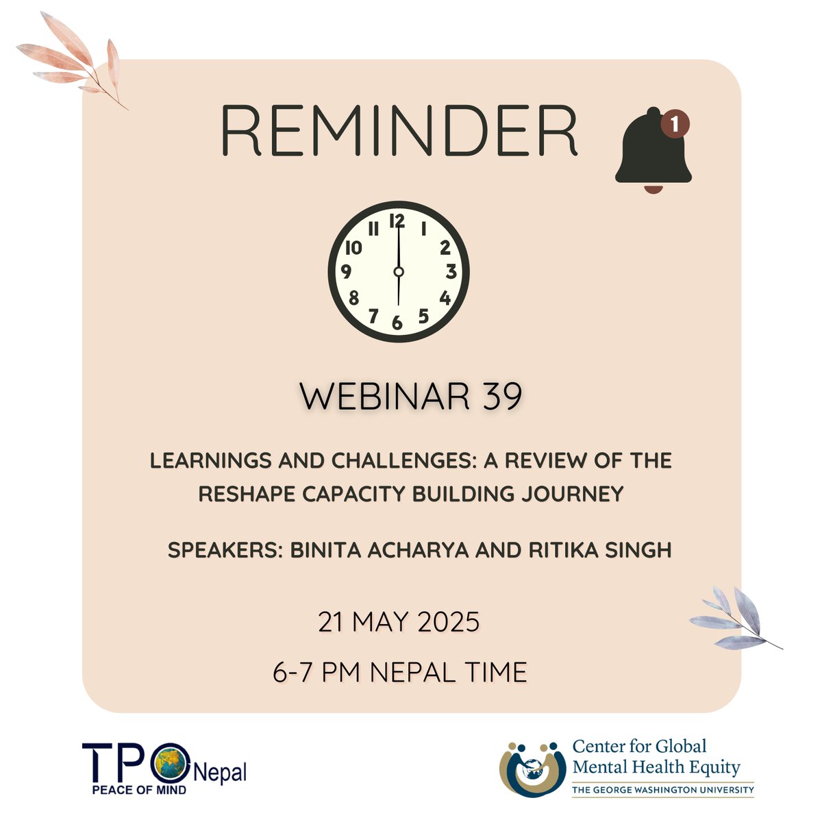 📢 Reminder: 39th NMHRN Webinar – Final Session!
✨ Topic: Learnings &amp; Challenges: A Review of the Reshape Capacity Building Journey
📅 Date: May 21, 2025
🎤 Speakers: Binita Acharya &amp; Ritika Singh
Secure your spot now ⬇️
docs.google.com/forms/d/e/1FAI…
#NMHRN #MentalHealth