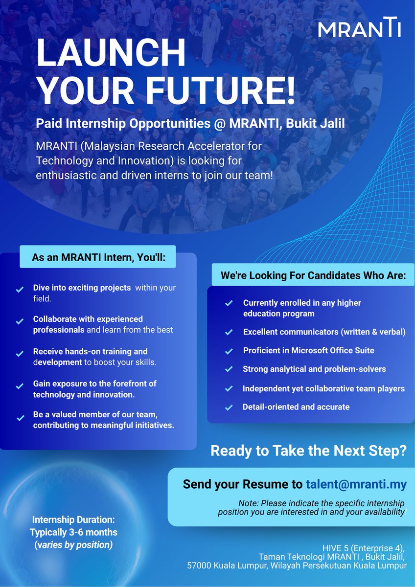Launch Your Future with MRANTI! 🚀

We’re on the lookout for curious, driven interns to join our team across various divisions!

📍 Location: MRANTI, Bukit Jalil

📩 Apply: talent@mranti.my (include division &amp; availability)

#MRANTI #InternshipOpportunity