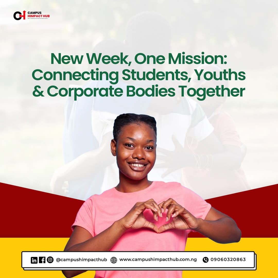 campushimpact's tweet photo. Welcome To Campus Himpact Hub.
New Week, One Mission:
Connecting Students, Youths & Corporate Bodies Together.
#campushimpacthub #ConnectingTalents #HappyNewWeek #BridgingGaps https://t.co/9Y0BA2eNhi
