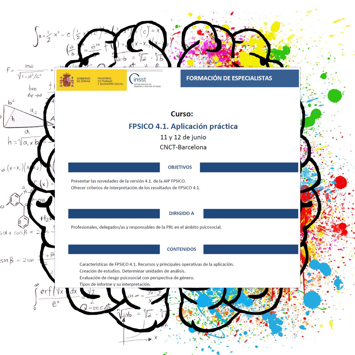 INSST_MITES_GOB's tweet photo. 📣 ¡Cerramos inscripciones en 48 horas!
Novedades de la aplicación #FPSICO
Formación presencial #INSST
🗓️11 y 12 junio 📍 Barcelona
FPSICO 4.1, herramienta cuantitativa que mide exposición a factores #psicosociales
Inscripciones gratis ¡y limitadas!👉🏻 https://t.co/pcFbj2nbPC https://t.co/xz7ECzB9M2