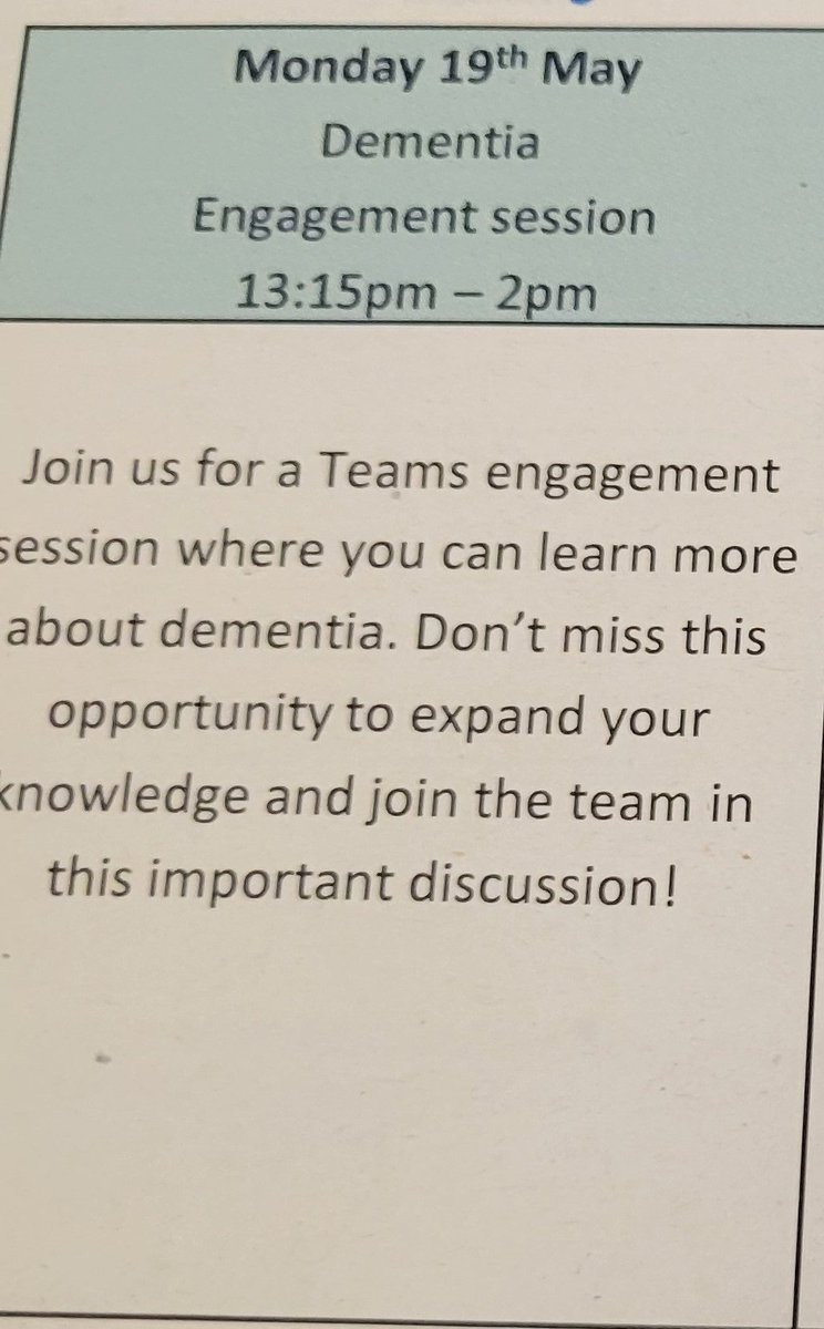 WTWA Dementia Team (@wtwadementia) on Twitter photo Today is the start of #dementiaactionweek2025 the team have an exciting engagement session via teams
<a href="/WythenshaweHosp/">Wythenshawe Hospital</a> <a href="/TraffordHosp/">Trafford Hospitals</a> <a href="/WithingtonHosp/">Withington Community Hospital</a> <a href="/AltrinchamOpd/">AltrinchamOPD</a> Today is the start of #dementiaactionweek2025 the team have an exciting engagement session via teams
<a href="/WythenshaweHosp/">Wythenshawe Hospital</a> <a href="/TraffordHosp/">Trafford Hospitals</a> <a href="/WithingtonHosp/">Withington Community Hospital</a> <a href="/AltrinchamOpd/">AltrinchamOPD</a>