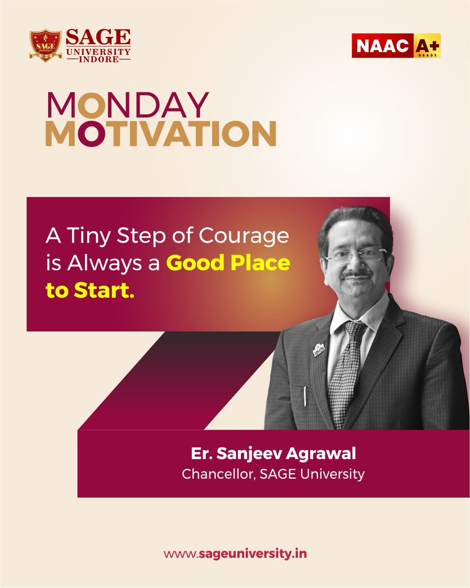 SAGE_INDORE's tweet photo. Inspiring words from our Chancellor, Er. Sanjeev Agrawal — A tiny step of courage is always a good place to start. Because every big dream begins with the decision to try, to trust yourself & to move forward with faith.
__
#SAGEUniversityIndore #MondayMotivation #SUI #SAGEIndore https://t.co/HDKrHsqeEp