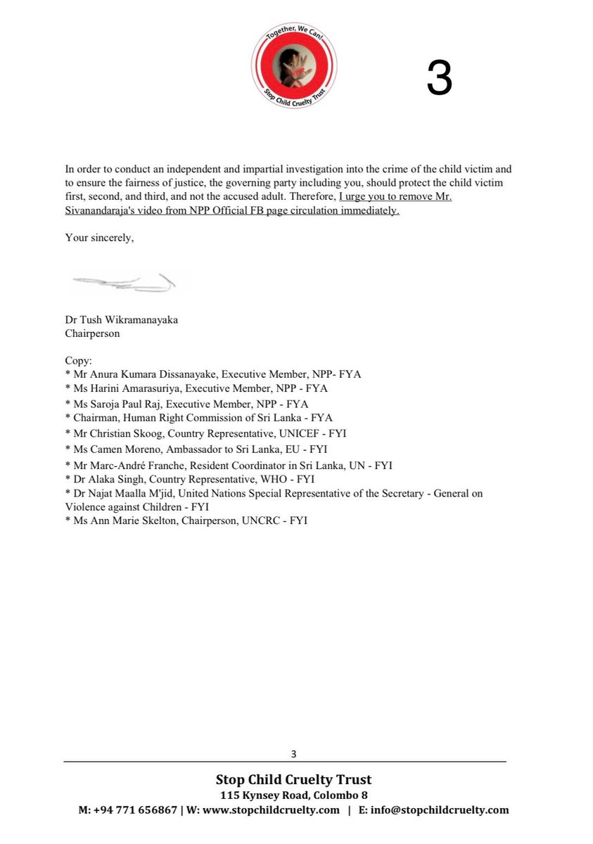 Tush Wickramanayaka (@tushwickramana1) on Twitter photo BREAKING NEWS - Formal complaint to Gen Sec <a href="/NPPSLOfficial/">NPP Srilanka</a> (<a href="/Chathurangaab/">Chathuranga Abey</a>’s Dad) requesting removal of video. “The collective silence by 159 NPP MP’s is a revolting endorsement of State sponsored child abuse.” Still not too late to back off! <a href="/USAmbSL/">Ambassador Julie Chung</a> <a href="/AmbEricWalsh/">Eric Walsh 🇨🇦</a> <a href="/UNSriLanka/">UN in Sri Lanka</a> BREAKING NEWS - Formal complaint to Gen Sec <a href="/NPPSLOfficial/">NPP Srilanka</a> (<a href="/Chathurangaab/">Chathuranga Abey</a>’s Dad) requesting removal of video. “The collective silence by 159 NPP MP’s is a revolting endorsement of State sponsored child abuse.” Still not too late to back off! <a href="/USAmbSL/">Ambassador Julie Chung</a> <a href="/AmbEricWalsh/">Eric Walsh 🇨🇦</a> <a href="/UNSriLanka/">UN in Sri Lanka</a>
