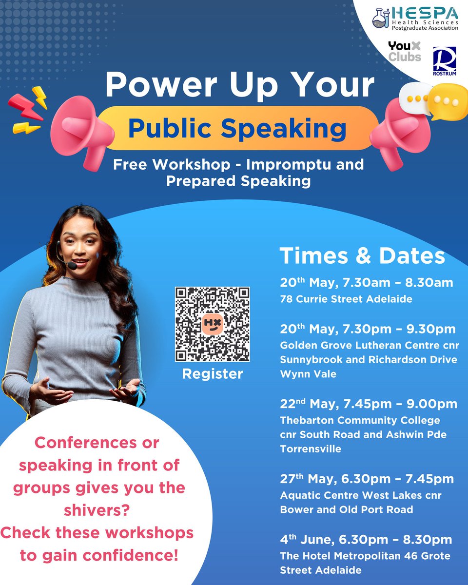 😰 Afraid of public speaking?🎤

Join one of our public speaking workshops!

events.humanitix.com/public-speakin…