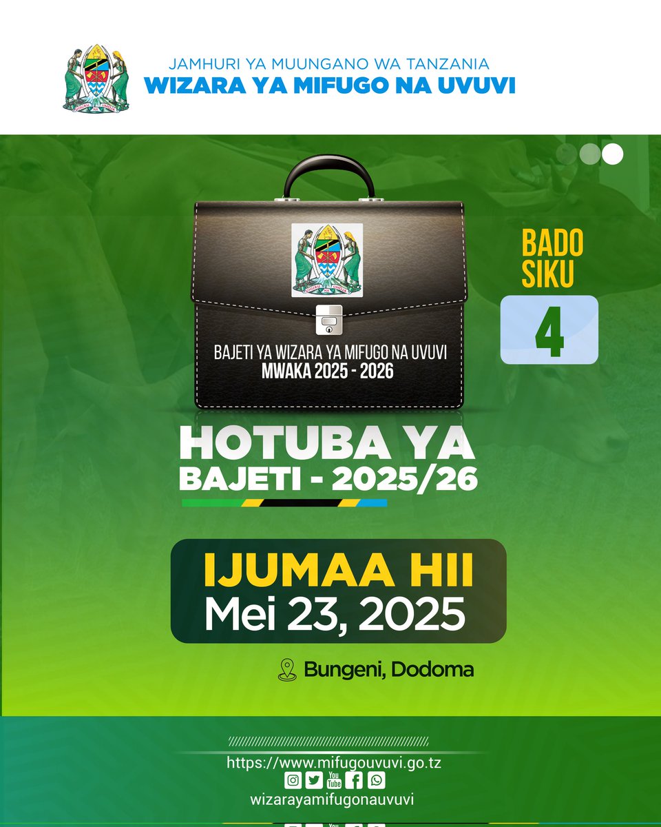 Usikose Kufuatilia Uwasilishaji wa Bajeti yetu Mifugo na Uvuvi kwa Mwaka 2025 / 2026.

#hotubayamifugonauvuvi
#mifugonauvuviniutajiri
#kazinaututunasongambele 
#kaziiendelee🇹🇿🇹🇿🇹🇿