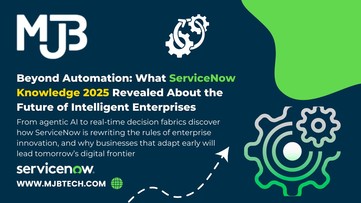 mjbtechnology's tweet image. Thread 🧵 | Beyond Automation: Top Takeaways from #ServiceNow Knowledge 2025
📖 Read the blog →
👉 mjbtech.com/blog_pages/Bey…
#GenAI #DigitalWorkflows #ServiceNow #Knowledge2025 #EnterpriseIT #TechThread #AutomationToIntelligence #ITLeaders