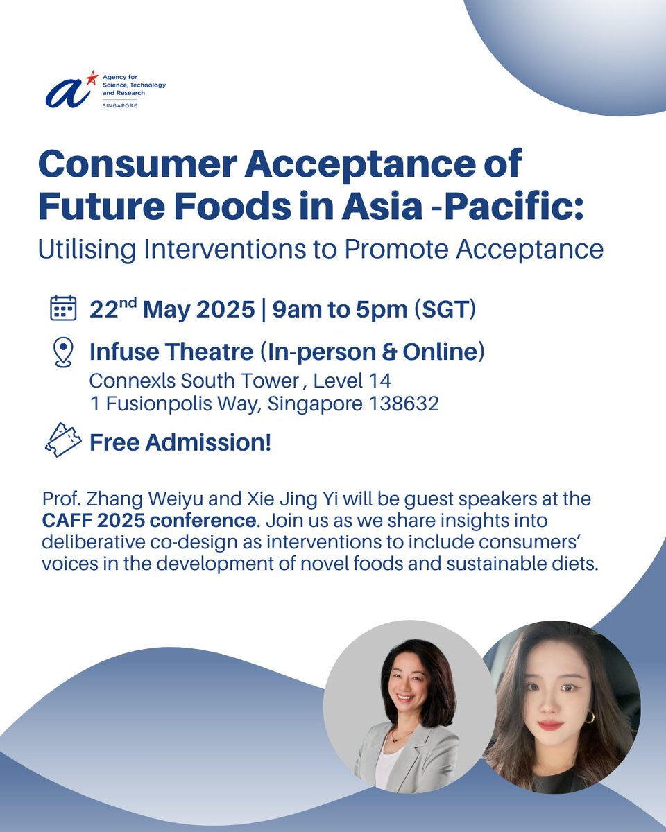 From #AlternativeProteins to #IndoorFarming, the future of food is here — but will consumers bite?

Join us at #CAFF2025 on 22 May 🗓️ as we explore how deliberative co-design can bridge the gap between food innovation and acceptance.

📍Fusionopolis SG | 🎟️ Free!