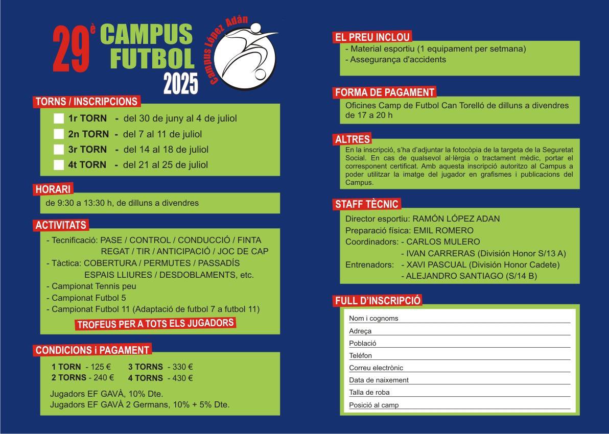 EFGava's tweet photo. 🔵🔵CLUB @EFGava
💙💚CAMPUS D’ESTIU
Artiba una nova edició del nostre CAMPUS DESTIU.
No et quedis fora, t’hi esperem. Serà un estiu ple de futbol, diversió i aprenentatge!!!
💙💚⚽️
#EFGavà #SomEFG https://t.co/C6G7OBTTSa