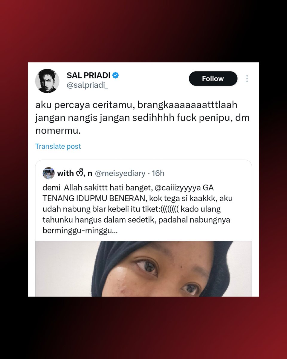 iPopBase's tweet photo. Sal Priadi comforts a fan who got scammed by a fake concert ticket:

“aku percaya ceritamu, brangkaaaaaaatttlaah jangan nangis jangan sedihhhh fuck penipu, dm nomermu.” https://t.co/kitWeH7AgD