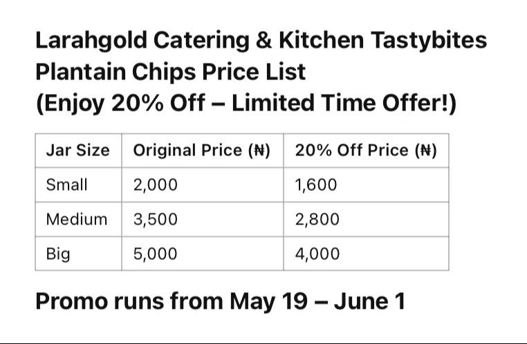unusualgurl01's tweet photo. Please support your girl — like, repost, quote & patronize.
Let’s make this a sweet and successful 2-week sale! Our price list for our crunchy and crispy plantain chips
Abeg patronize me
#LarahgoldTastybites #SalesAlert #20PercentOff #LocalSnacks #ComboDeals #SupportMyHustle https://t.co/GI5SguJef7