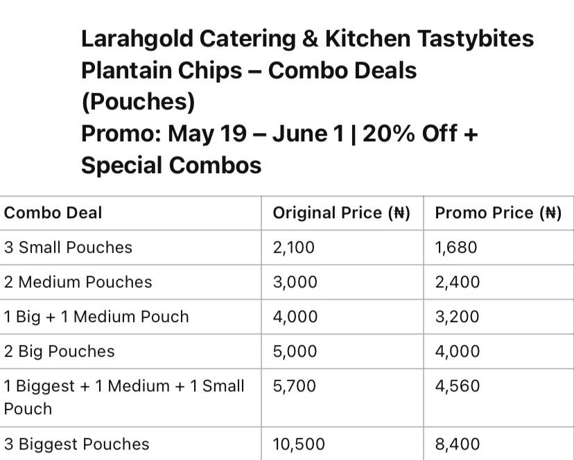 unusualgurl01's tweet photo. Please support your girl — like, repost, quote & patronize.
Let’s make this a sweet and successful 2-week sale! Our price list for our crunchy and crispy plantain chips
Abeg patronize me
#LarahgoldTastybites #SalesAlert #20PercentOff #LocalSnacks #ComboDeals #SupportMyHustle https://t.co/GI5SguJef7