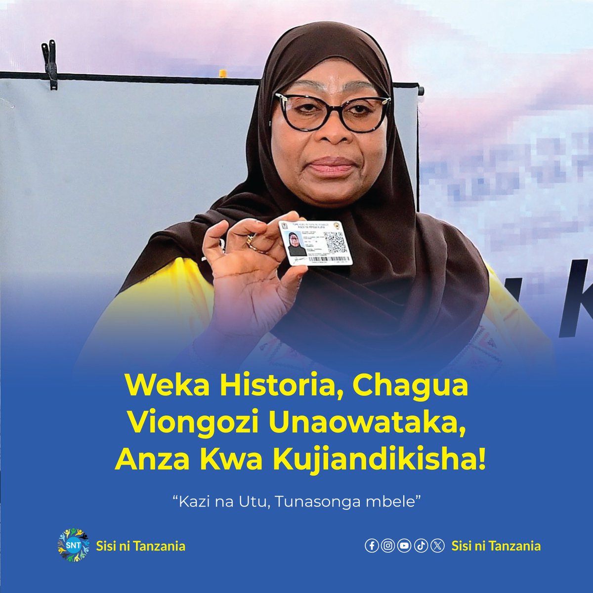 sisiniTanzania's tweet photo. Weka Historia,chagua viongozi unaowataka,anza kwa kujiandikisha.
#Sisinitanzania #nchiyangukwanza #matokeochanya #kaziiendelee #kazinaututunasongambele #katibanasheria #mslac #SSH https://t.co/vn1AN2KjGV
