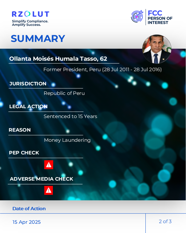 RzolutL's tweet image. On April 15, 2025, Peru’s former president Ollanta Humala was sentenced to 15 years in prison for money laundering. 

To know more fcctimes.com/2025/04/15/for…

Visit our website rzolut.com/?utm_source=Tw…

#moneylaundering #pep #adversemedia #illicitfund