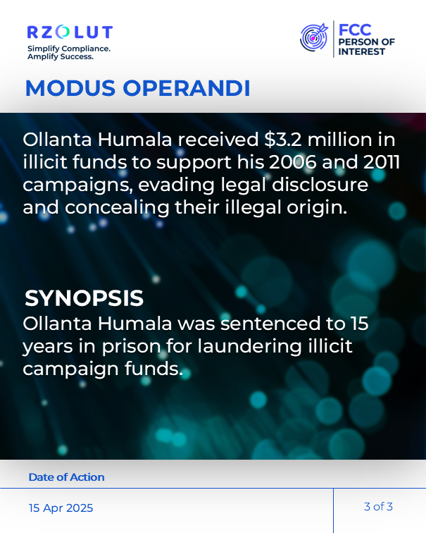 RzolutL's tweet image. On April 15, 2025, Peru’s former president Ollanta Humala was sentenced to 15 years in prison for money laundering. 

To know more fcctimes.com/2025/04/15/for…

Visit our website rzolut.com/?utm_source=Tw…

#moneylaundering #pep #adversemedia #illicitfund