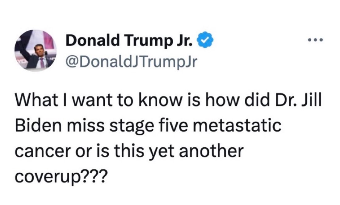 Nain_Portekoi's tweet image. Donald Junior s'étonne que la femme de Joe Biden n'ait pas détecté le cancer de son mari plus tôt alors qu'elle est docteure.
Elle est docteure en Sciences de l'éducation.
Y'a pas à dire, le génie coule dans les veines de cette famille.