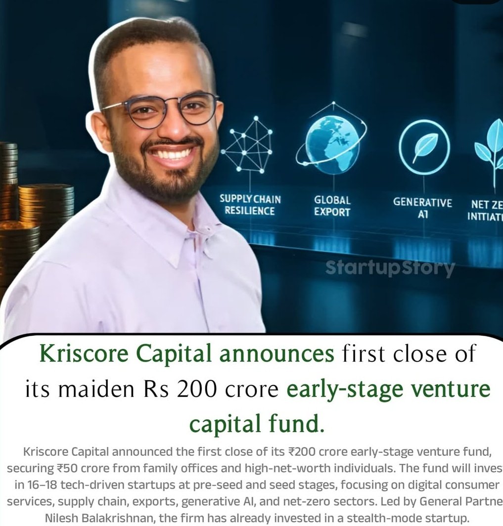 startupexitsind's tweet photo. 🚨 New VC in town!

KRISCORE Capital hits first close of its 💰₹200Cr early-stage fund

✅₹50Cr secured from HNIs &amp; family offices
✅16–18 pre-seed/seed bets in GenAI, net-zero,exports &amp; supply chains
✅Led by ex-WaterBridge GP
🧠Advisors from Infosys, FedBank, WaterBridge
#VC https://t.co/jnzookBa9o