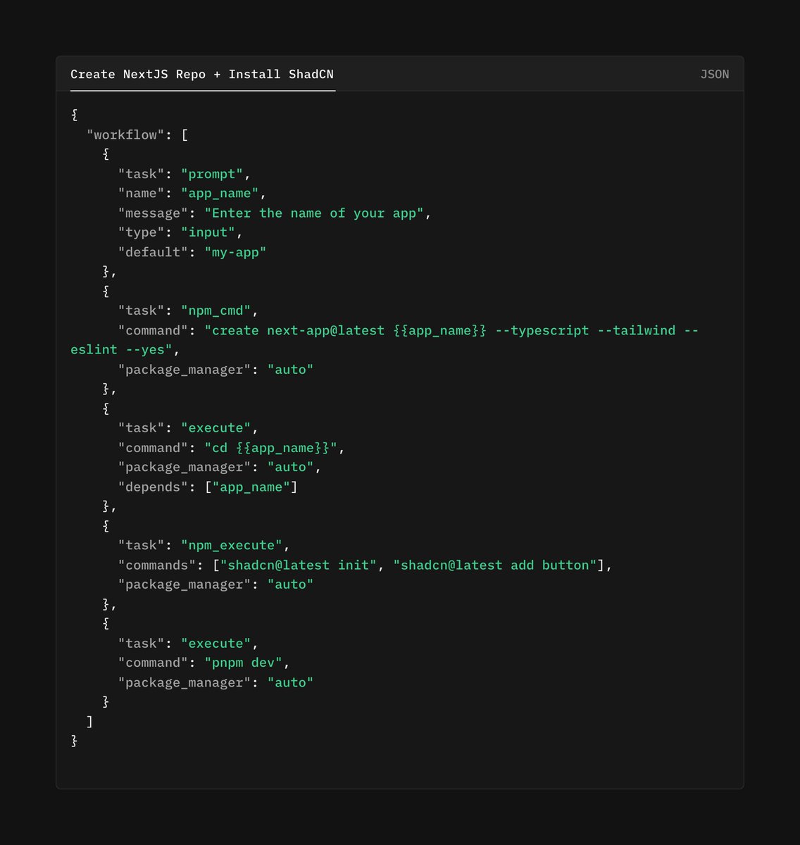 rjv_im's tweet photo. npx open-code-cli <following-workflow>.json

- Ask for name of app
- Create a nextjs app
- Install shadcn
- Run dev

This is small demo of where open-code-cli is heading, a mini ai-agent which you just write in your system and open-code-cli will execute it. https://t.co/0ErBhQqkZP